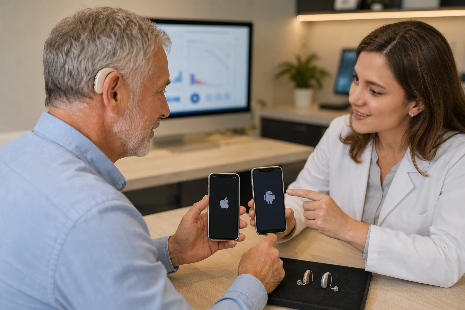 İşitme cihazı kullanan kişi akıllı telefonla Bluetooth bağlantısı kuruyor