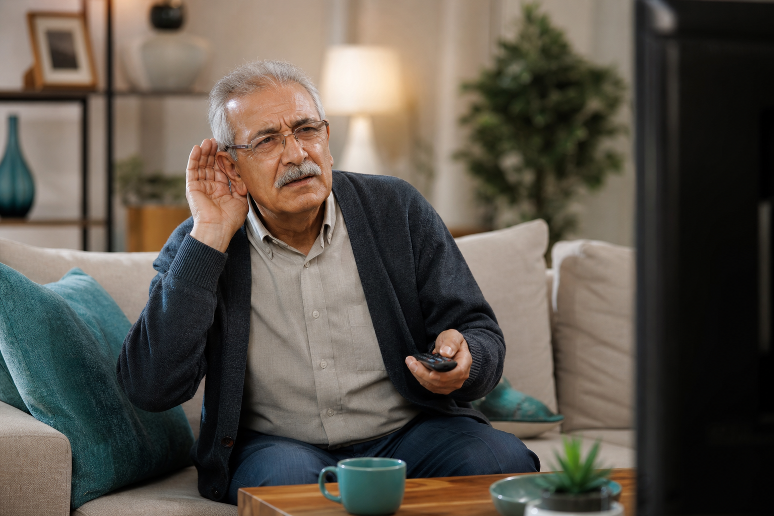 İşitme kaybının ilk belirtileri: yaşlı bir kişi televizyon sesini yükseltirken kulağını tutuyor