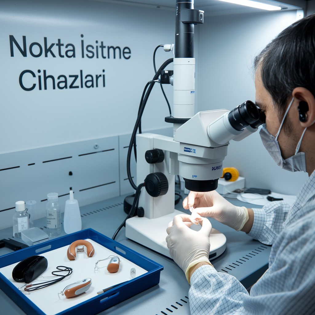 Precision repair under a microscope in the hearing aid maintenance workshop